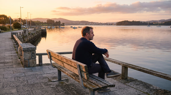 Man sitting alone at a waterfront at sunset, reflecting quietly