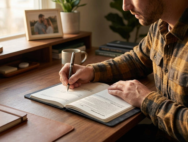 Man writing in a journal at a desk, with a couple photo in the background