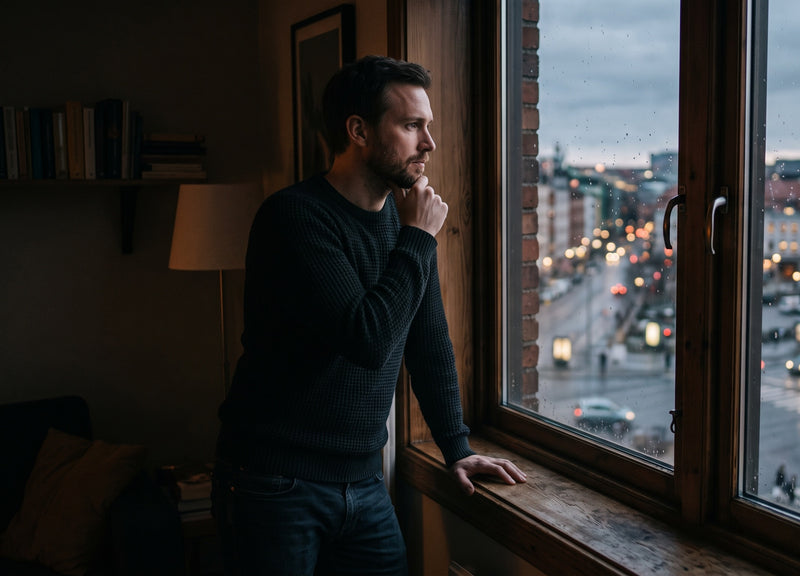 Man standing alone at a window, looking out over the city, reflecting on his relationship